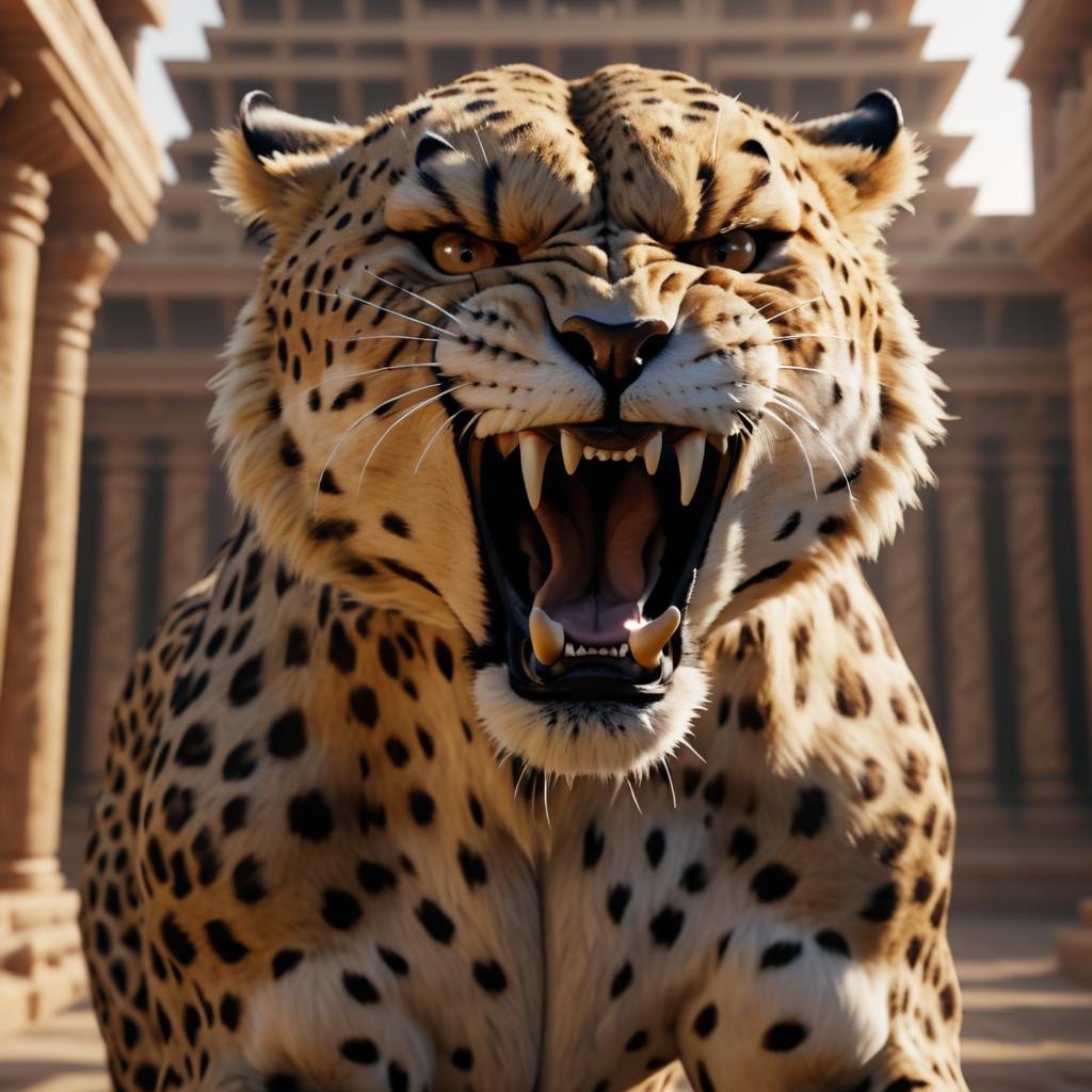 Majestic Cheetah Roaring in Ancient Temple