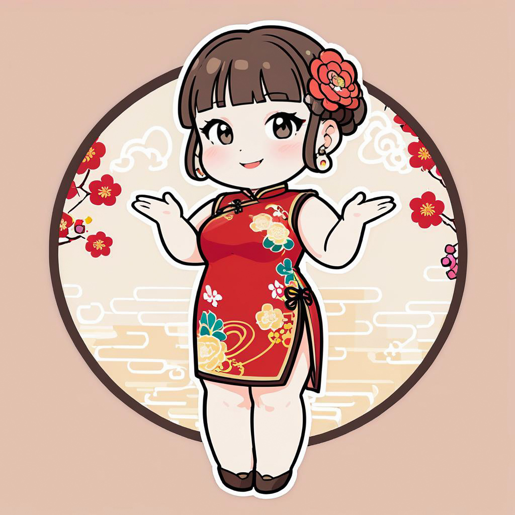 Cheerful Chibi Waitress in Floral Cheongsam