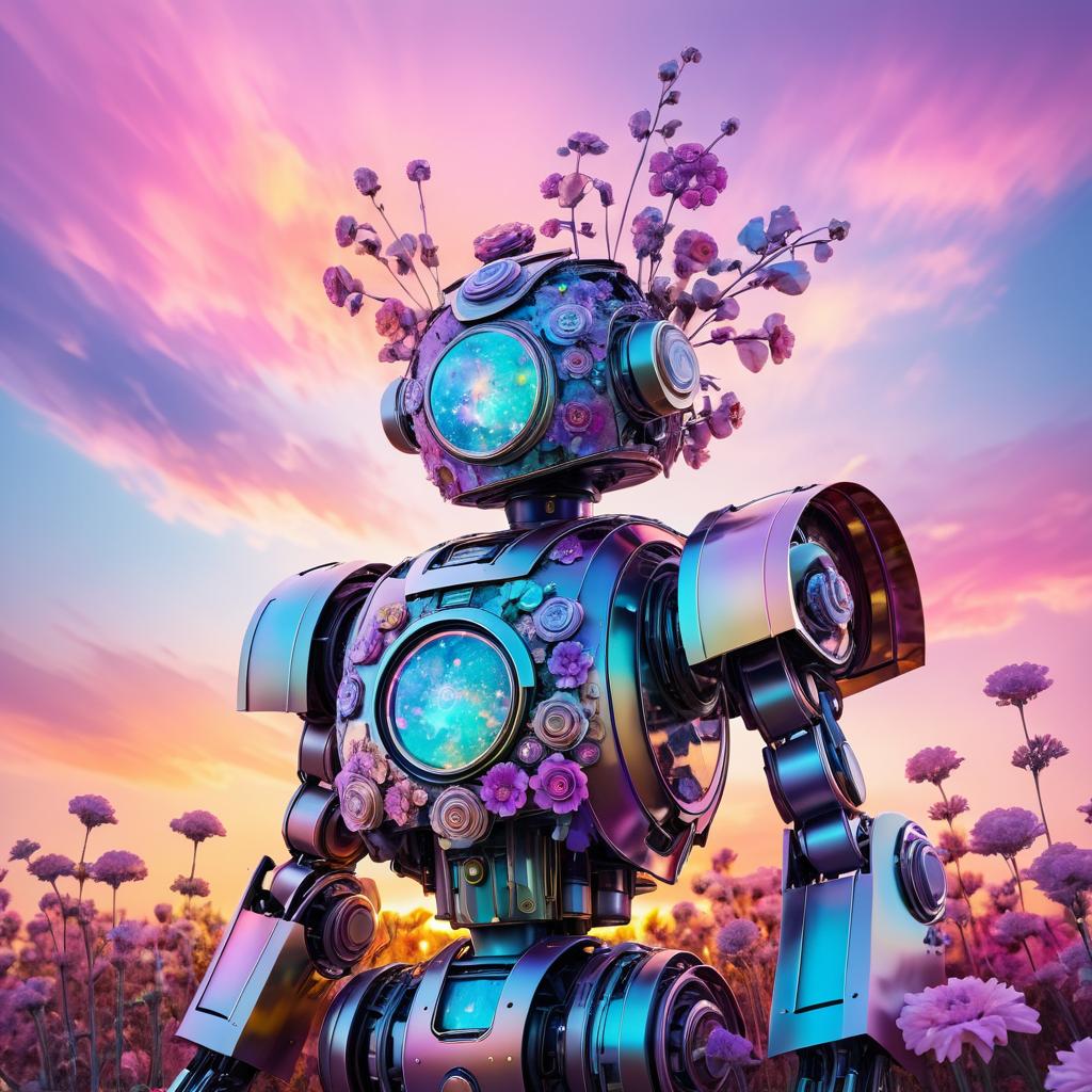 Ethereal Floral Robot Under Sunset Sky