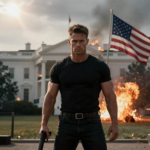 Intense Man in Front of Burning White House