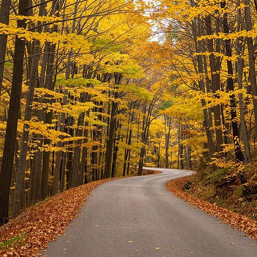 Photograph of a winding, paved forest road lined with tall trees adorned in vibrant yellow and orange autumn leaves. Fallen leaves cover the road's edges.