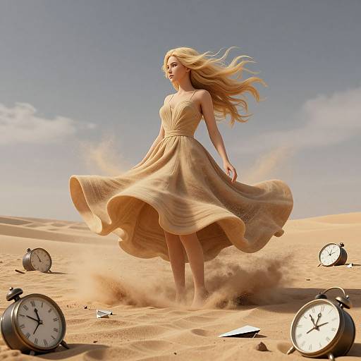 Digital artwork of a blonde woman in a flowing beige dress, standing in a sandy desert with clock faces scattered around.