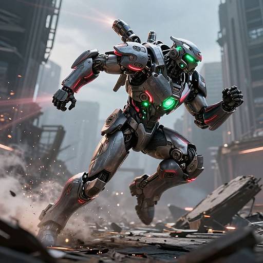 CGI image of a futuristic, metallic humanoid robot with glowing green eyes, running through a destroyed, urban cityscape with debris and smoke.