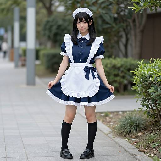Photograph of an Asian woman in a black and white French maid outfit, standing on a sidewalk with greenery in the background.