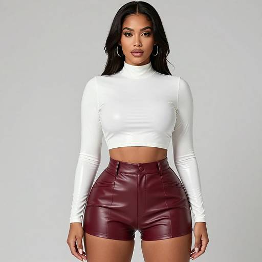 Photograph of a confident woman with long black hair, wearing a white long-sleeve crop top and high-waisted maroon leather shorts against