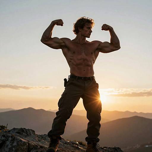 Photograph of a muscular, shirtless man with curly hair flexing his arms against a sunset, standing on a rocky mountain peak.