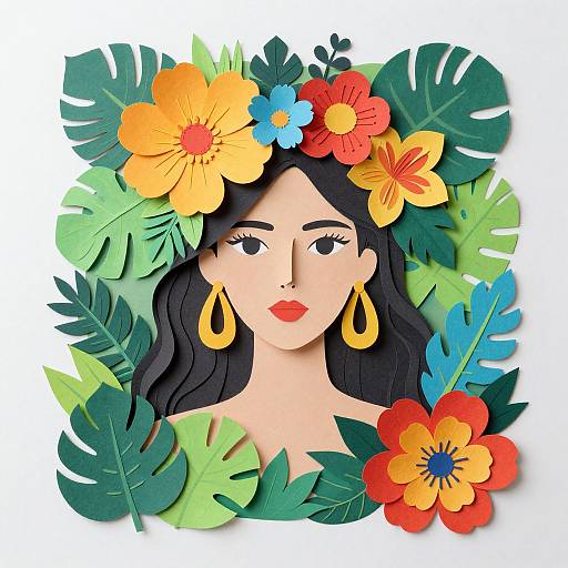 Digital illustration of a woman with black hair, wearing yellow flowers and leaves, large yellow earrings, surrounded by colorful tropical flowers and green leaves.