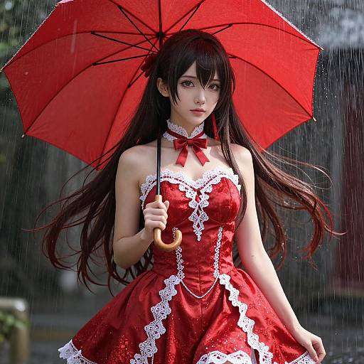 Anime-style photograph of a young woman with long black hair, wearing a red lace-trimmed dress and holding a red umbrella, standing in the rain