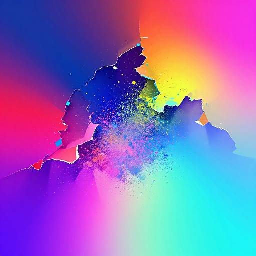 Abstract digital artwork featuring vibrant colors: red, yellow, blue, purple, and pink blending together with splattered paint textures.