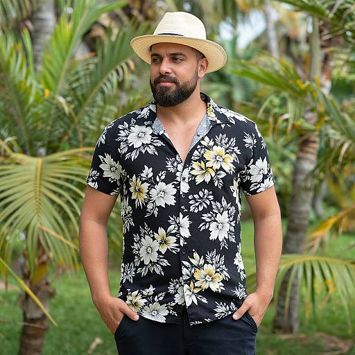 Photograph of a bearded man with medium build, wearing a white hat, black floral shirt, and black pants, standing in a tropical palm tree