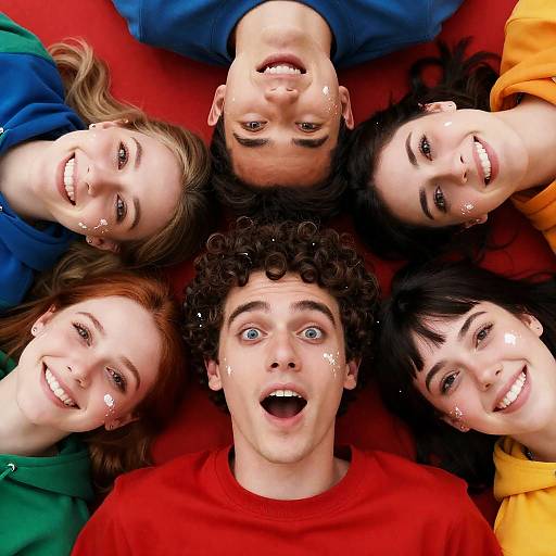 Joyful Group Portrait on Red Pillows
