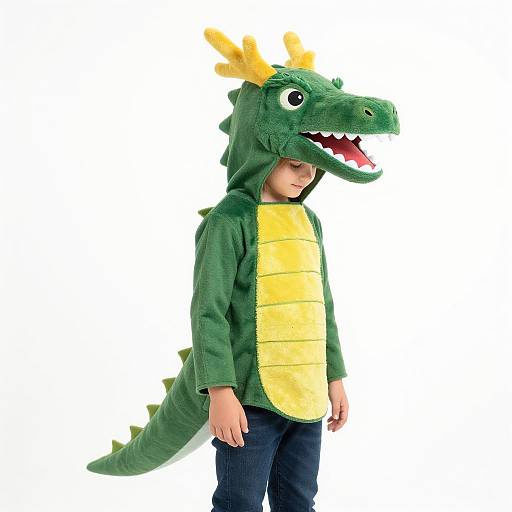 Photograph of a young boy in a green and yellow dinosaur costume with yellow horns, standing against a white background.