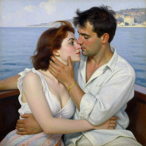 Digital painting of a romantic couple kissing on a boat, with the man gently holding her face and the sea in the background. She wears a white lace