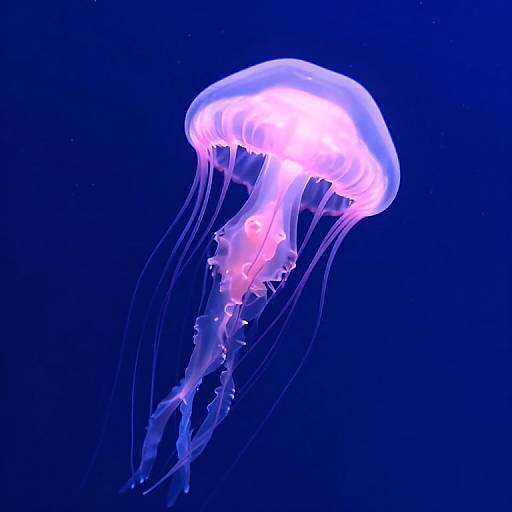 Photograph of a glowing, translucent jellyfish with pink and purple hues, floating against a deep blue underwater background.