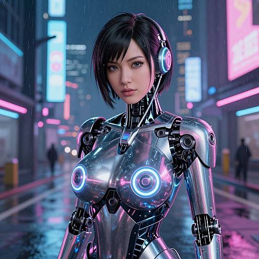 CGI image of a futuristic, cybernetic woman with short black hair, glowing neon lights on her metallic, robotic torso, standing in a rain