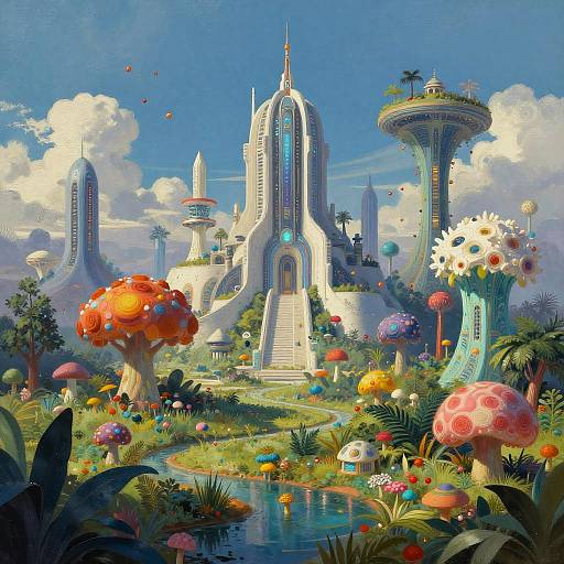 Digital artwork of a vibrant, surreal cityscape featuring colorful, glowing skyscrapers, giant mushrooms, and a lush, fantastical forest with a clear
