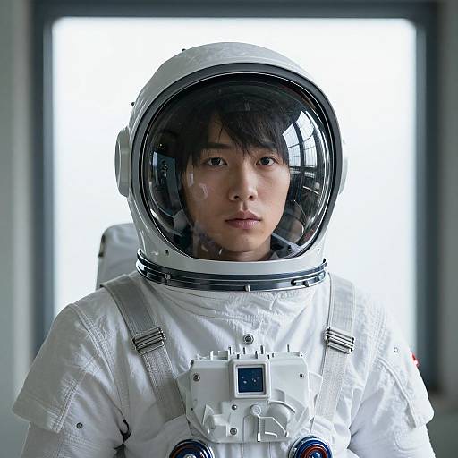 Photograph of an Asian male astronaut with short black hair, wearing a white spacesuit and helmet, standing in a brightly lit, blurred background. Reflect