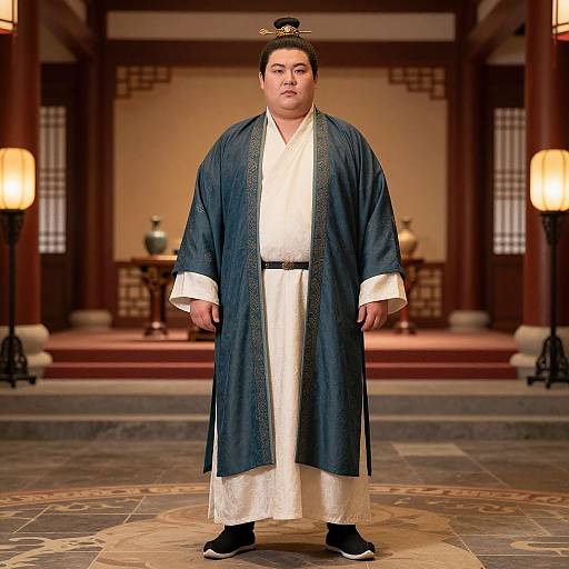 Photograph of a Chinese man standing in a traditional Japanese-style room, wearing a blue robe over a white kimono, black shoes, and a black