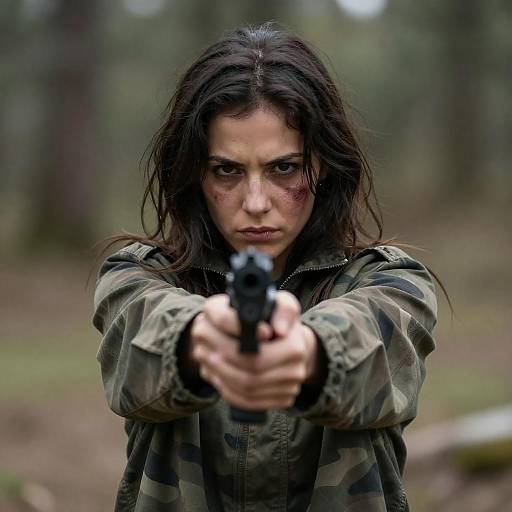 Determined Woman in Camouflage with Gun