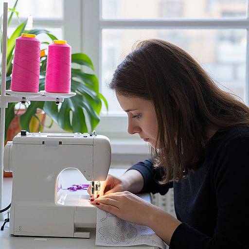 Photograph of a focused woman with long brown hair sewing pink fabric on a white sewing machine, surrounded by pink bobbins and green plants in a