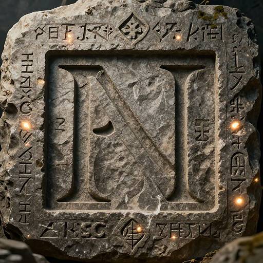 Photograph of a textured, weathered stone slab with a large, raised, Gothic-style letter 