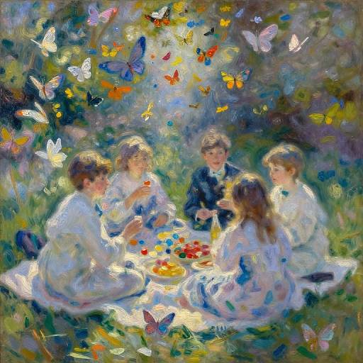 Impressionist painting of five children playing with colorful puzzles in a sunlit garden, surrounded by vibrant butterflies. Soft, dreamy colors and blurred edges