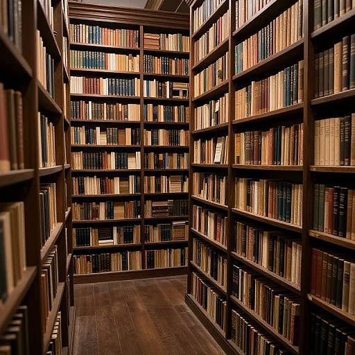 Photograph of a narrow, wooden bookshelf-lined library corridor, filled with colorful, vertically arranged books, creating a warm, inviting atmosphere.