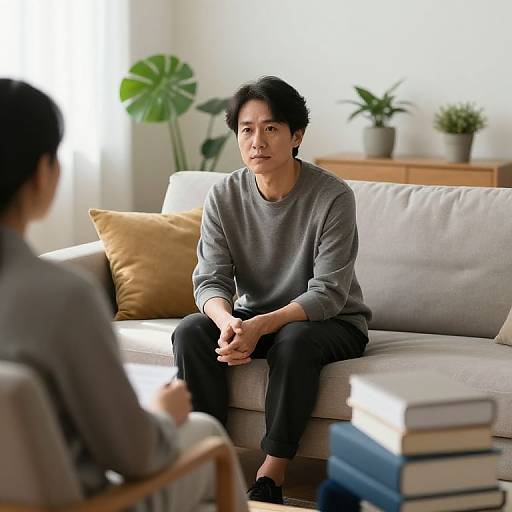 Photograph of an Asian man with short black hair, wearing a gray sweater and black pants, seated on a light gray sofa, engaged in conversation with