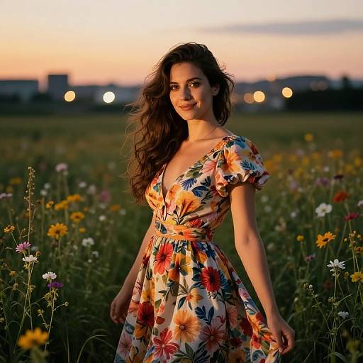 Photograph of a smiling woman with long, wavy brown hair in a vibrant floral dress standing in a colorful field of flowers at sunset, with city