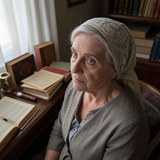Photograph of an elderly woman with gray hair, wearing a lace headscarf and gray cardigan, sitting by a sunlit window in a clutter