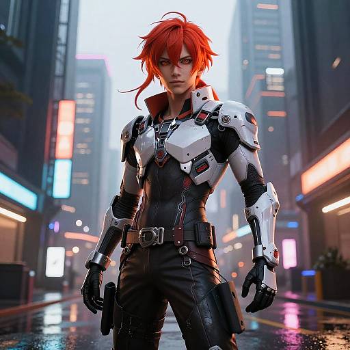 Cyberpunk Anime Character with Red Hair in Futuristic City