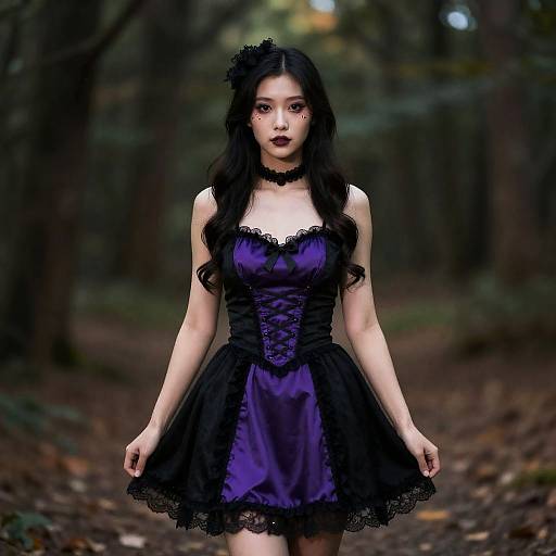 Woman in Gothic Halloween Dress in Forest