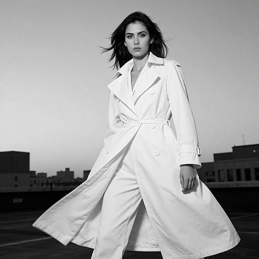Photograph of a confident woman with dark hair, wearing a flowing white trench coat, standing against a grayscale urban skyline at dusk.