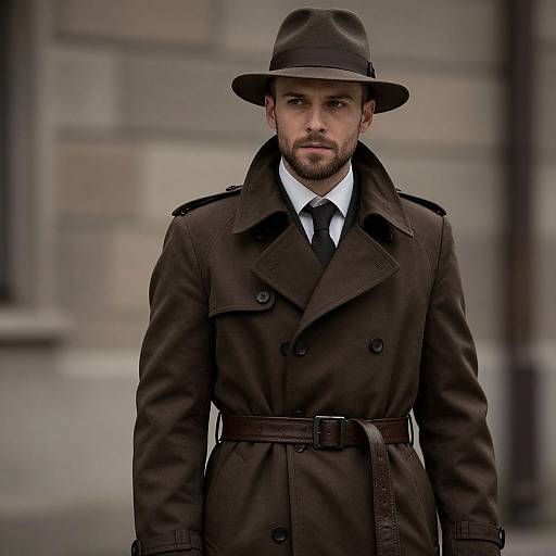Photograph of a serious, bearded man with fair skin wearing a dark brown trench coat, black tie, white shirt, and brown fedora hat