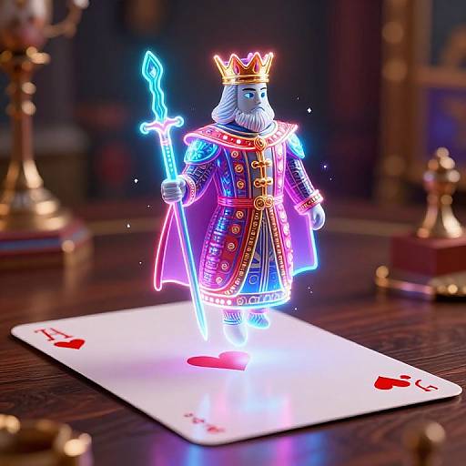 Glowing, neon-illuminated king figurine with crown, royal robes, and sword stands on an ace of diamonds card, surrounded by