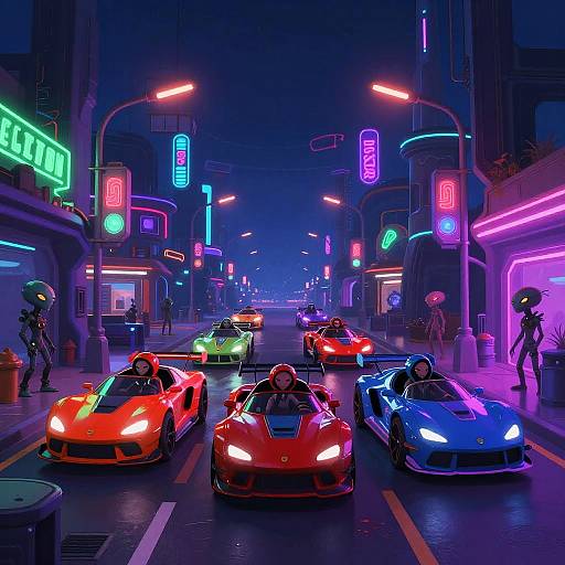 Neon-lit, cyberpunk street scene: three vibrant, glowing sports cars (red, blue, orange) drive through a neon-streaked