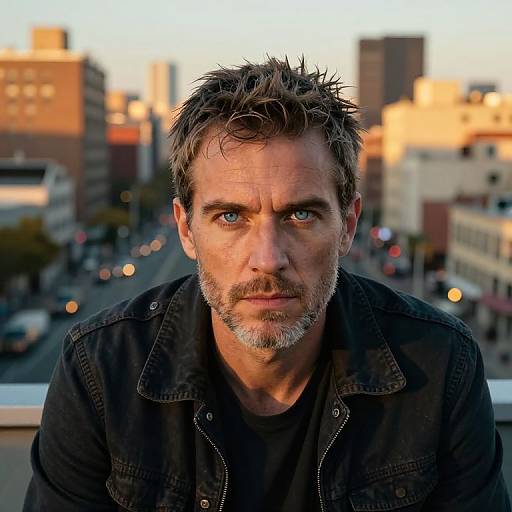 Photograph of a rugged, middle-aged man with spiky gray hair, blue eyes, and a beard, wearing a black jacket, staring intently