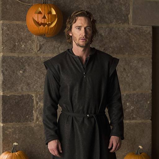 Man in Medieval Tunic with Halloween Pumpkins