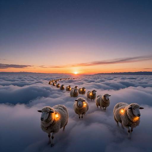 Photograph of a flock of glowing sheep walking through a sea of clouds at sunrise, with a vibrant orange and purple sky.