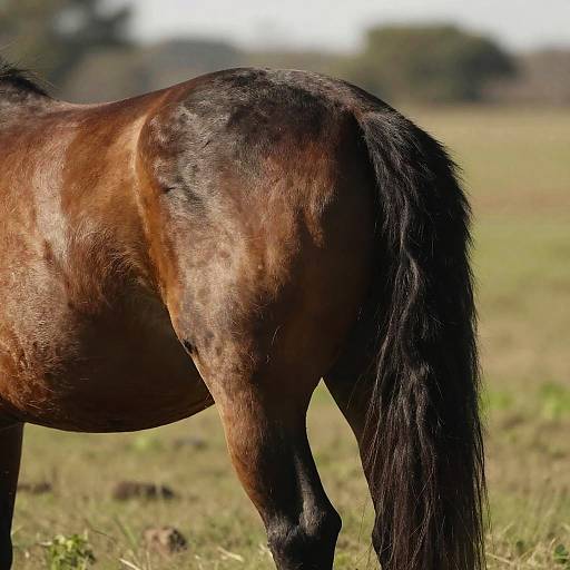 Photograph of a brown horse's rear, showcasing a shiny, dark brown coat with a long, black tail, standing in a sunlit grassy