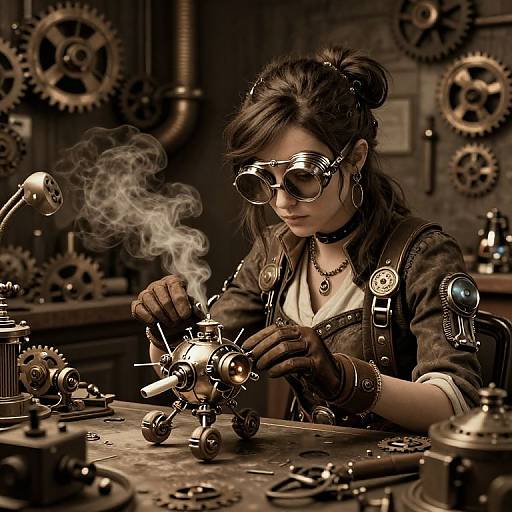 Steampunk woman with goggles, brown hair in bun, black choker, and gloves, tinkering with a smoking mechanical device in a gear-filled