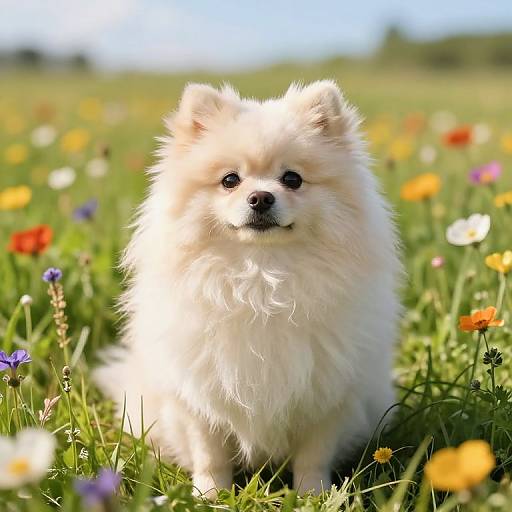 Photograph of a fluffy white Pomeranian dog with black eyes, standing in a sunlit field of colorful wildflowers and green grass.