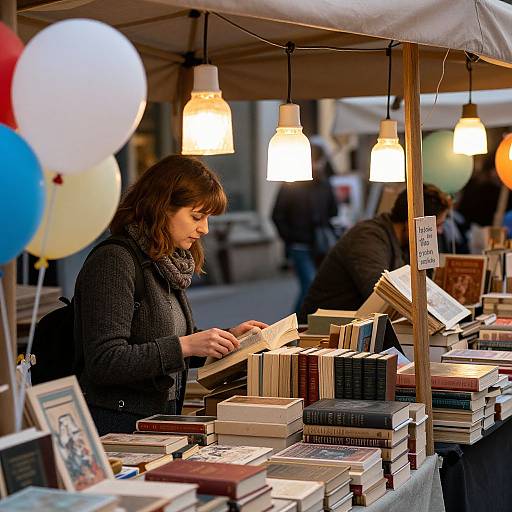 Photograph of a brunette woman in a black sweater browsing books at an outdoor market stall, illuminated by hanging lights, with colorful balloons in the foreground.