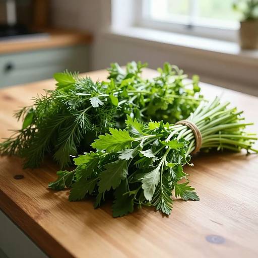 Fresh parsley bunch tied with a rubber band on a wooden kitchen counter, lit by natural sunlight from a window.
