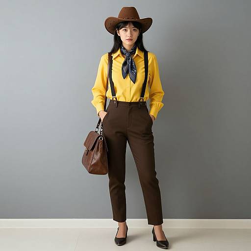 Photograph of an Asian woman in a yellow shirt, brown pants, black suspenders, brown hat, black shoes, and a brown handbag.