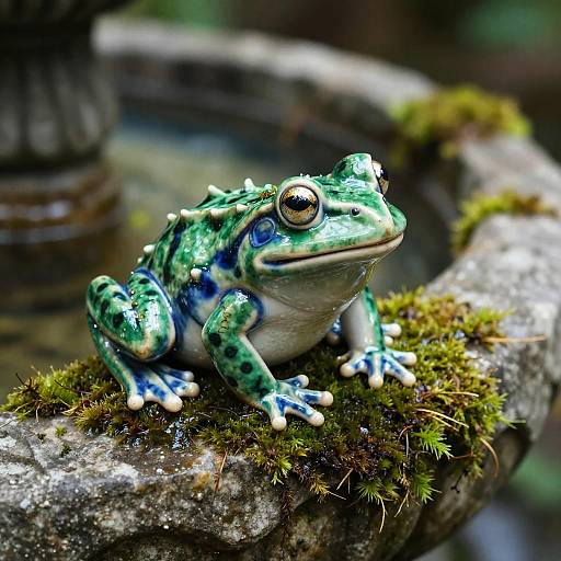 Miniature Ceramic Frog on Mossy Fountain