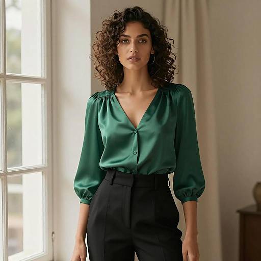 Photograph of a curly-haired woman with olive skin, wearing a green satin blouse with a V-neck and black high-waisted pants, standing near