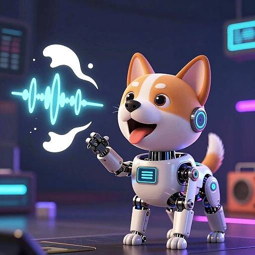 Digital CGI of a cute, orange-and-white robotic Shiba Inu puppy emitting a neon blue heartbeat signal with its paw. Cyberpunk background with glowing