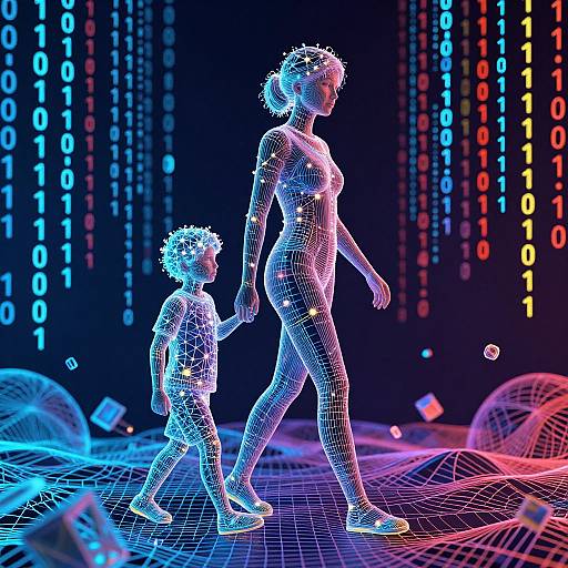 Digital CGI image of a wireframe mother and child holding hands, walking together, against a neon blue, pink, and black binary code background.