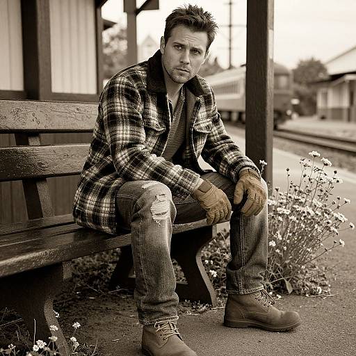 Photograph of a rugged, dark-haired man in a plaid shirt and ripped jeans, wearing gloves and boots, sitting on a wooden bench by a